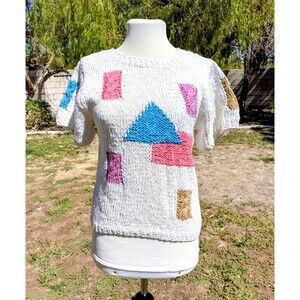 VTG 1980s The Eagle's Eye Petite Sm Hand Knit Geometric Shapes Sweater Top NOS